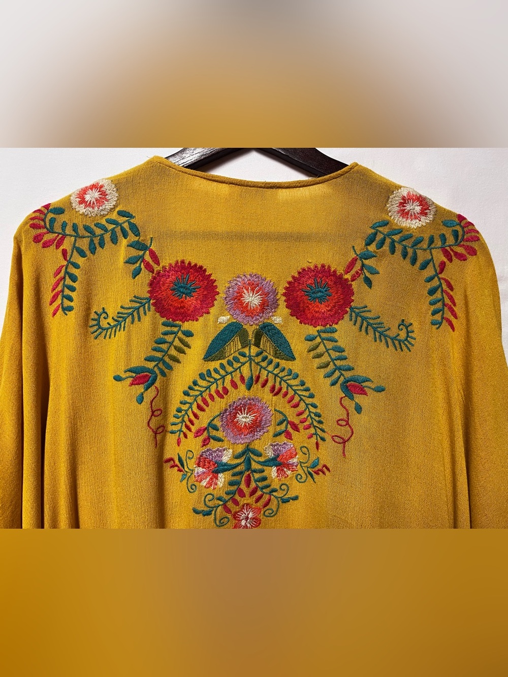 Umgee Mustard Yellow Floral Embroidered Kimono Cardigan M/L Oversized Boho Artsy - Picture 9 of 16